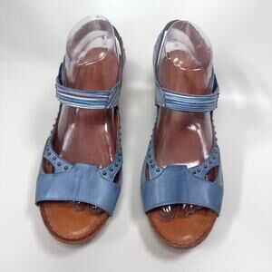 Spring Step Blue Stud Striped Ankle Strap Sandal Wedge Artsy Boho Lightweight 41